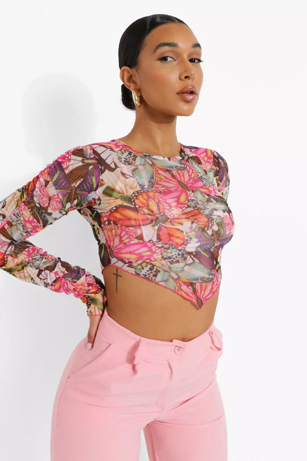 Hot pink mesh crop top deals